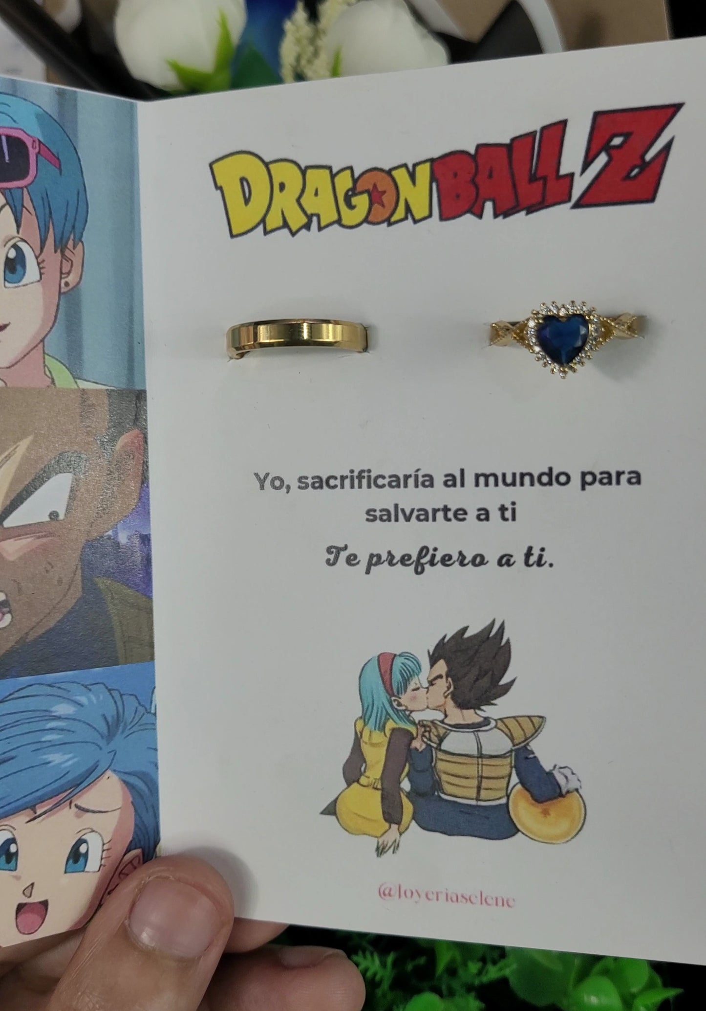 Anillos de PROMESA VEGETA Y BULMA 💍💖 + COLLAR 💞 + RAMO DE FLORES🌸