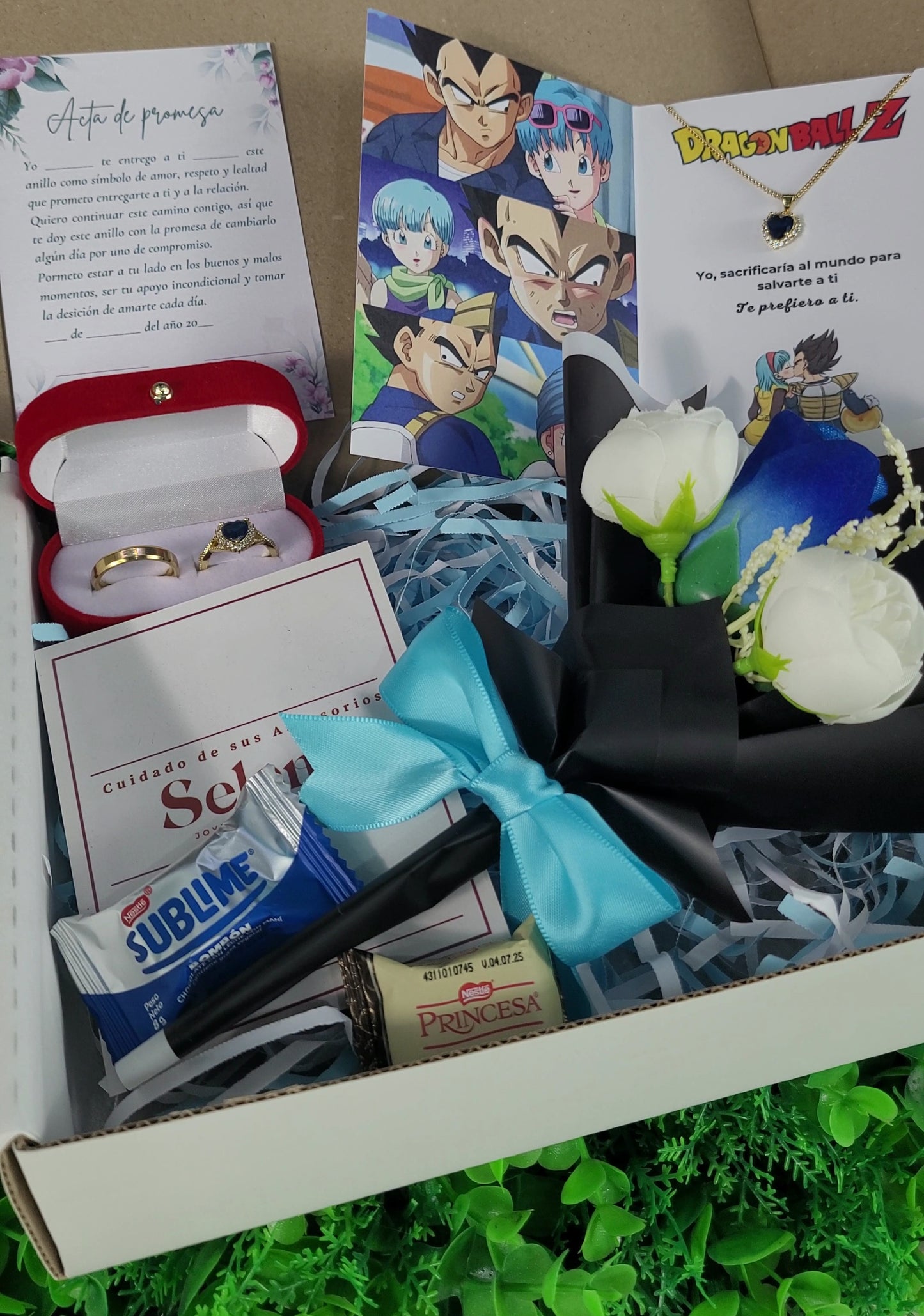 Anillos de PROMESA VEGETA Y BULMA 💍💖 + COLLAR 💞 + RAMO DE FLORES🌸